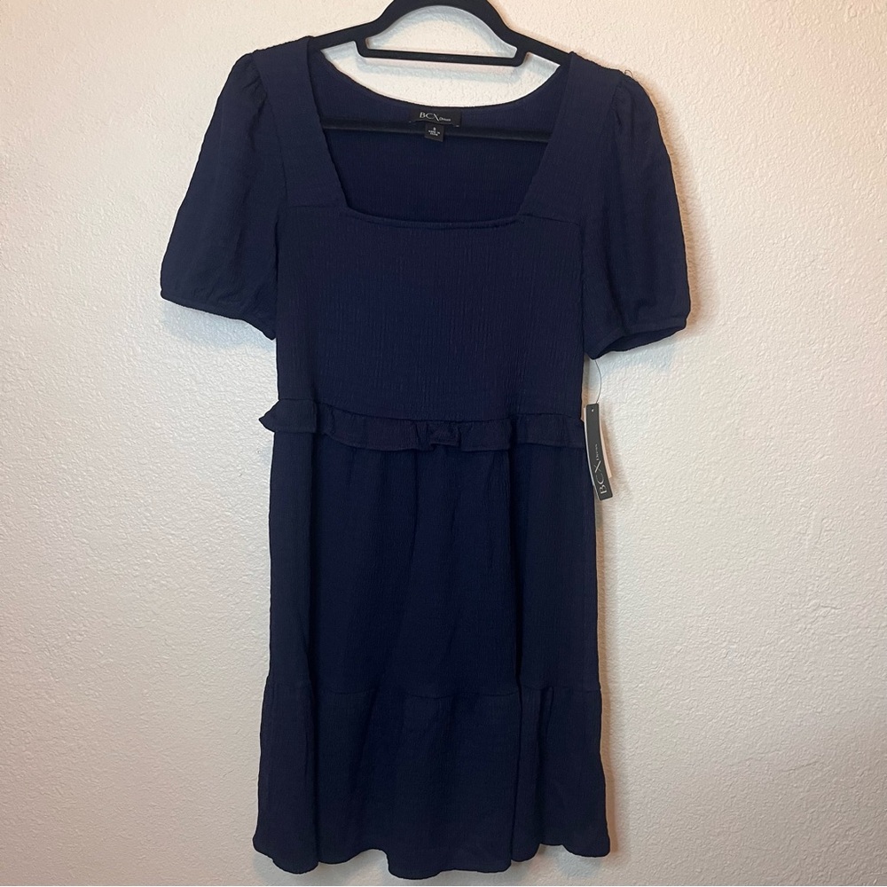 BCX Navy Blue Tiered Fit Flare Puff Sleeve Square Neckline Women's Dress Size S